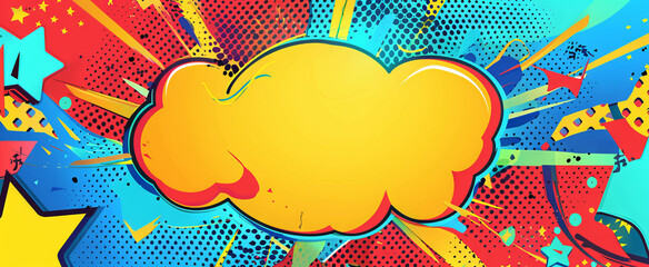 Colorful Pop Art Style Banner with Blank Cloud Center Surrounded by Bold Yellow, Red, and Blue Explosive Elements for Comic Text Insert. Background. Copy space
