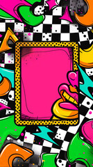 Fototapeta premium Bright and Colorful Pop Art Style Banner with Comic Book Elements in bright colors for Advertising or Event Promotion. With a pink blank text frame. Background. Copy space. Vertical