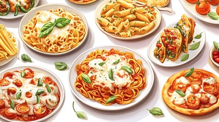 Italian Food Platter   Pasta  Pizza  Tomatoes  Basil