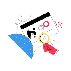 Female Professional Doing Online Search with Magnifying Glass in Digital Workspace, Flat Vector Illustration