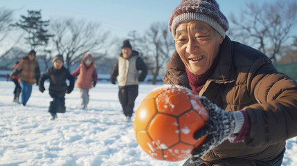 Fototapeta premium Elderly Asian man playing soccer with other elderly people, his friends, on a snowy field. Concept of winter sports, friendship, outdoor activity, healthy lifestyle