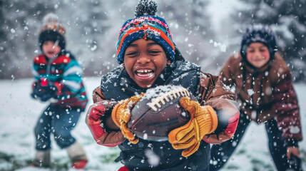 Happy Young African American Boy Playing Football with Friends in Winter Snow. Concept of Childhood Joy, Outdoor Fun, Kids' Sports, Winter Adventure, American Football
