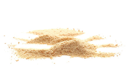 Ground biscuit, pile crumbs isolated on white, side view
