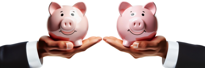 Extreme close-up and side view of the hand of businessman holding a smiling pink piggy bank, looking at camera, isolated on white or transparent background. Png. Generative Ai.