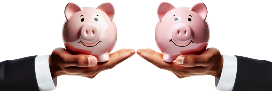 Extreme close-up and side view of the hand of businessman holding a smiling pink piggy bank, looking at camera, isolated on white or transparent background. Png. Generative Ai.