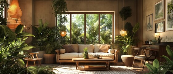 Cozy living room filled with lush greenery and natural light