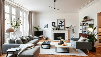 Fototapeta premium Parisian apartment. Scandinavian interior design of modern living room, home.