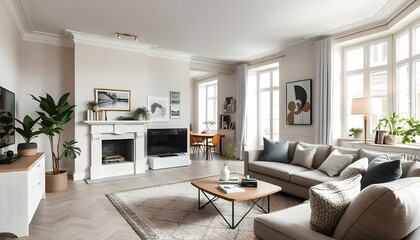 Parisian apartment. Scandinavian interior design of modern living room, home.