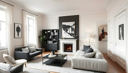 Parisian apartment. Scandinavian interior design of modern living room, home.