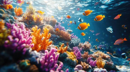Obraz premium Detailed coral reef, vibrant fish swimming among colorful corals, underwater ambiance, 3D illustration