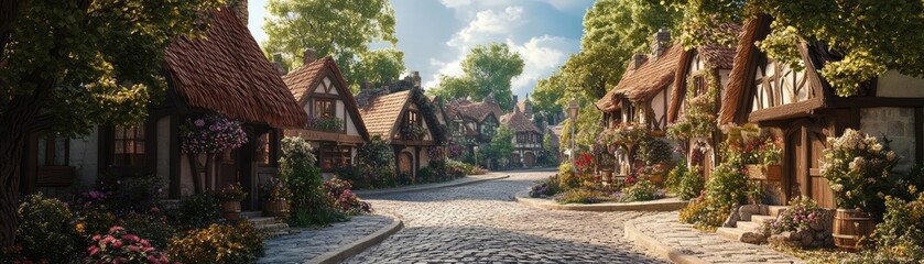 Fototapeta premium Fairytale village, thatched cottages, cobblestone streets, and blooming flower boxes, 3D illustration