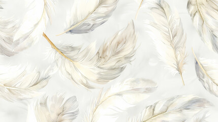 Obraz premium Elegant feather pattern on a light background perfect for textiles and wall art. Abstract backdrop. Watercolor illustration