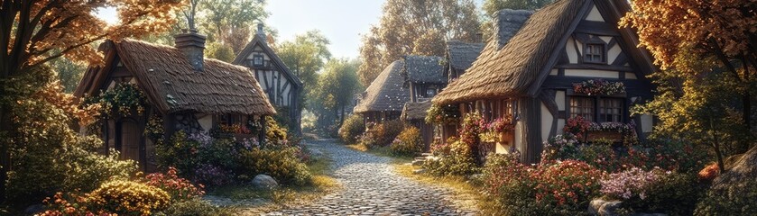 Fairytale village, thatched cottages, cobblestone streets, and blooming flower boxes, 3D illustration