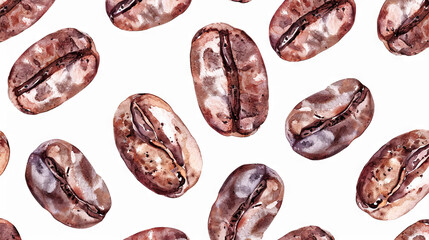 Obraz premium Pattern of watercolor coffee beans on white background