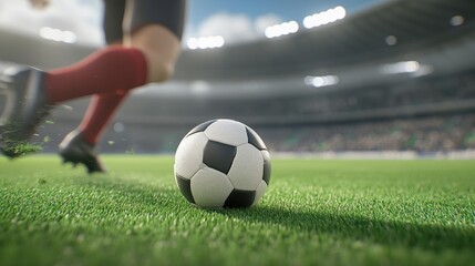 Fototapeta premium A soccer ball rests on the grass while a player in white socks is poised to kick. The scene captures the energy of the game with a blurred background of players in action