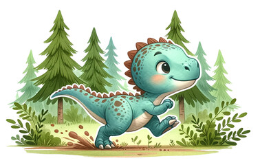 Obraz premium baby Carnotaurus sprinting through the forest, testing its speed, in watercolor style. 
