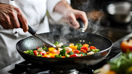 Professional Chef Preparing Delicious Stir Fried Vegetables in Hot Pan with Steam and Aroma