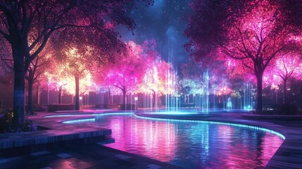 Futuristic urban park, with holographic trees, digital fountains, and floating benches, 3D illustration