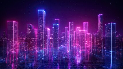 Naklejka premium A neon wireframe structure integrated into a futuristic cityscape, blending seamlessly with the surrounding architecture.