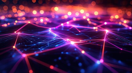 A close-up view of a neon wireframe structure, revealing the subtle variations in color and intensity of the glowing lines.