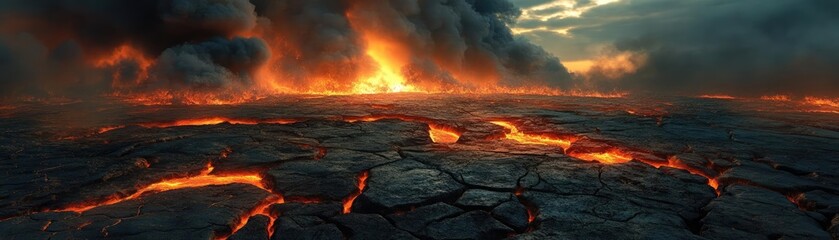 Lava field, cracked ground with molten lava flows, smoke, and ash clouds, 3D landscape
