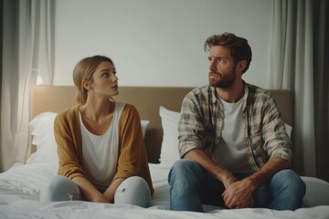 Annoyed Caucasian husband sit apart on bed with offended wife keep silence after fight family