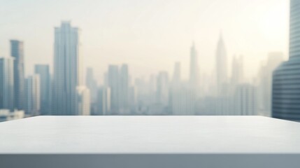 Fototapeta premium White Tabletop With Blurred Cityscape Background