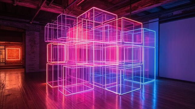 A neon wireframe structure forming a complex abstract sculpture, inviting viewers to explore its form and meaning.