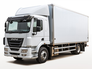 Delivery van isolated on white background. Angle view. Light cargo truck. Cut out transport. Space for text on board. Photography generated by Ai technology