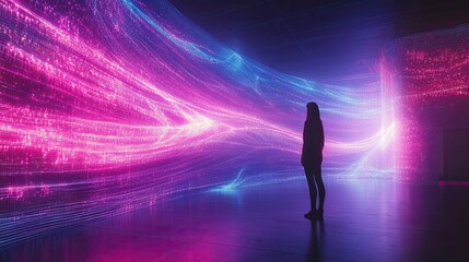 A neon wireframe structure with a human figure interacting with its glowing lines, creating a sense of connection and wonder.