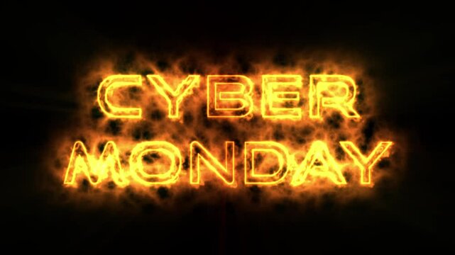Burning flames effect Cyber Monday animation with glowing fire flames for epic Cyber Deals on black friday deals or cyber monday hot cyber deals and light rays for advertising hot fire background blac