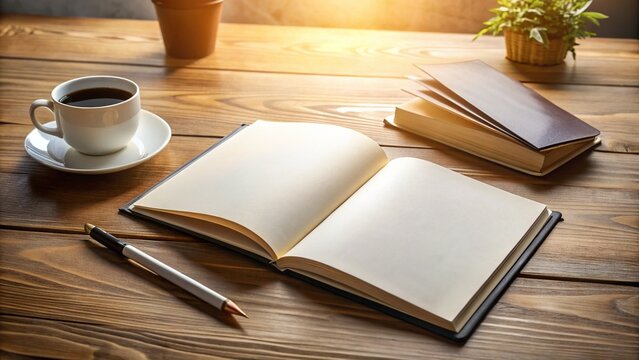 A blank white hardcover book lies open on a wooden desk, awaiting customization, surrounded by coffee cup, pen, and scattered papers in a cozy workspace.