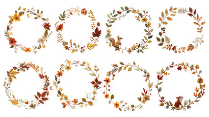 PNG autumn flower embroidery design element set, transparent background