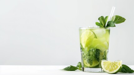 Fototapeta premium Refreshing lime and mint cocktail in glass with mint leaves on white background