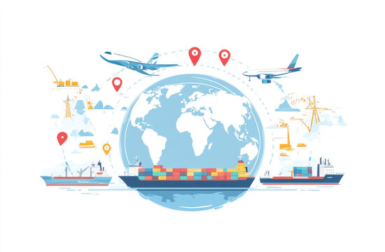 recommend clip art: Illustration of global logistics, a cargo ship and truck moving around the globe with location pins.