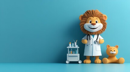 Friendly Lion Doctor Cartoon Character with Stethoscope and Medical Cart