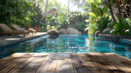 Fototapeta premium Polished Teak Outdoor Furniture Table by Tropical Pool with Lush Greenery