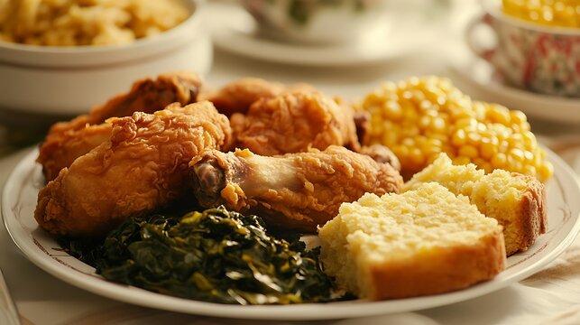 Southern Fried Chicken  Collard Greens  Cornbread  and Corn on White Plate