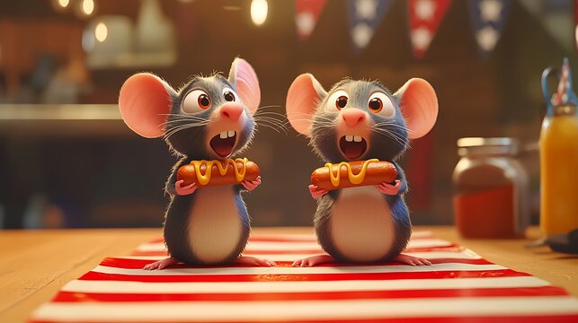 Two adorable cartoon mice joyfully nibble on hot dogs topped with mustard.