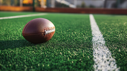 A textured American football lies on green artificial turf, positioned near a white line. 