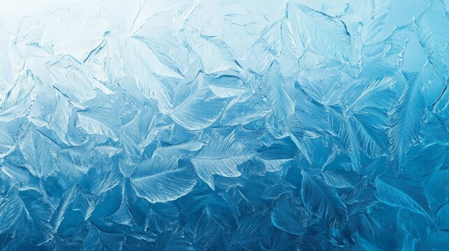 Frozen pattern on winter window. Blue ice winter background, texture blue wallpaper. Banner of fozen blue background