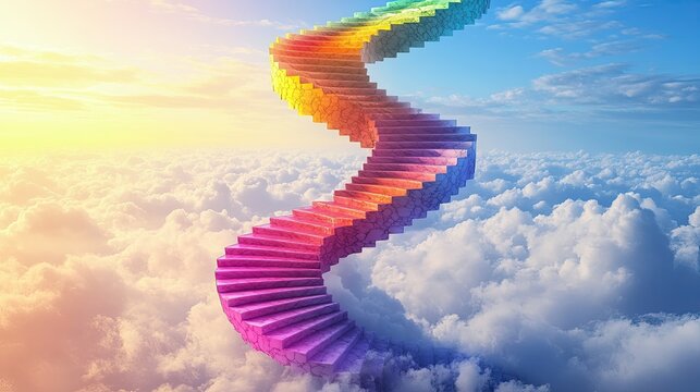 A colorful spiral staircase winding upwards into the clouds, creating a sense of ascension and infinite possibilities.