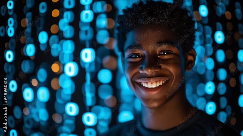 Poster a young man with a smile on his face is standing in front of a blue background. 0 and 1 computer cod
