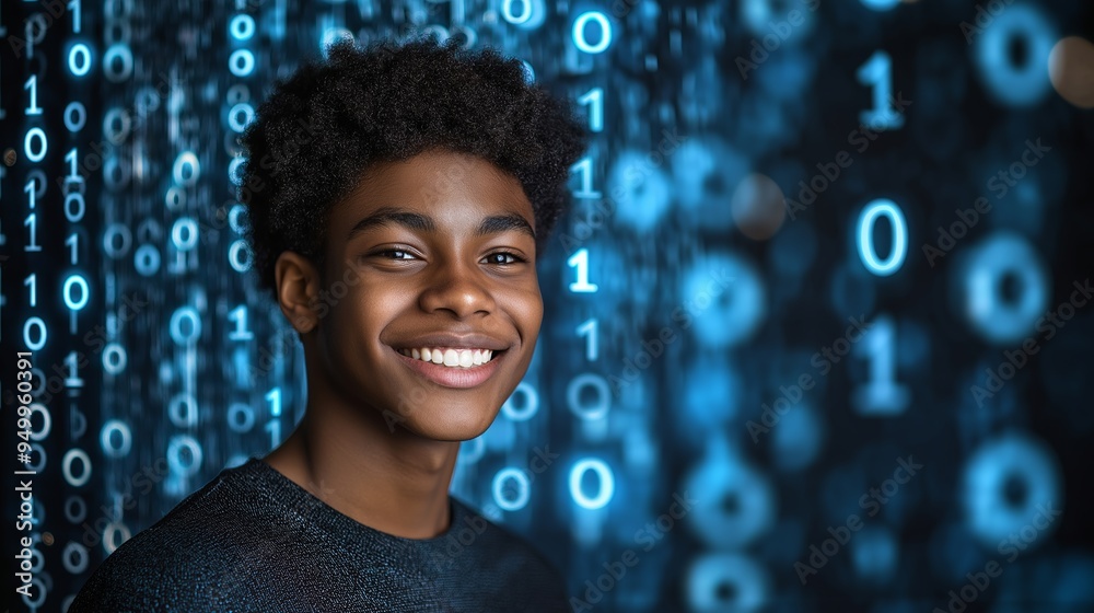 Poster a young man with a smile on his face is standing in front of a blue background. 0 and 1 computer cod