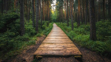 Serene Path through Enchanting Pine Forest to Wooden Bridge