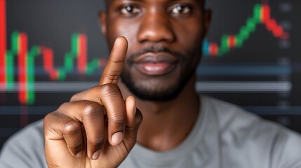 A man is pointing at a graph on a screen. The man is wearing a gray shirt and has a serious expression on his face. The graph appears to be related to finance or economics