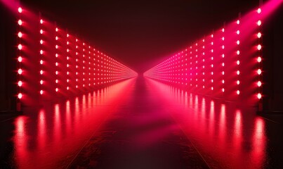 Glamorous Runway Illumination, A realistic vector illustration showcasing a high-fashion runway with red and neon floodlights