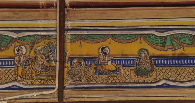 Frescoes Decoration On Wall Of Hanuman Temple In Jaipur, India. Religious Motifs From Life Of Hanuman Are Painted. Monkey-like Deity, Son Of Wind God Vayu. Scene Has Rama And Sita On Throne, As