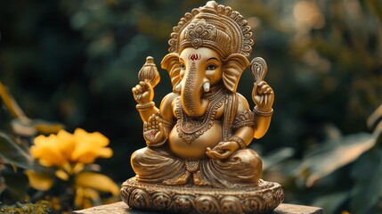 Fototapeta premium Golden lord ganesh sculpture on nature background. celebrate lord ganesh festival