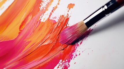 Fototapeta premium A close-up of a paintbrush creating a color splash on a white canvas, with bold strokes.